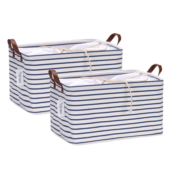 Hinwo 4-Pack 70L Extra Large Capacity Storage Basket Canvas Fabric Storage Bin Collapsible Storage Box with PU Leather Handles and Drawstring Closure, 22 by 15 inches, Waterproof Inner Layer, Black Stripe