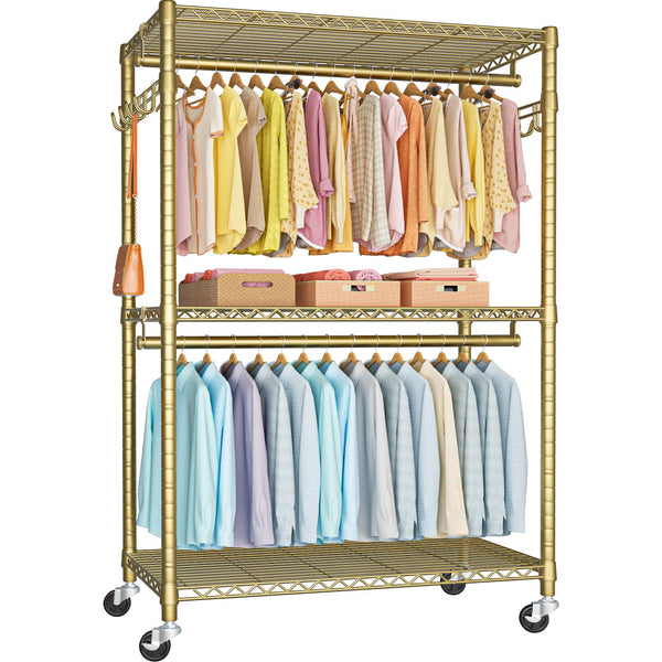 FUTASSI P1 Plus Rolling Clothes Rack, 22mm Diameter Heavy Duty Garment Rack with Wheels, Portable Closets with Shelves and Hanger Rods, 45" W x 17.7" D x 80.5" H, Load 524 LBS, Gold