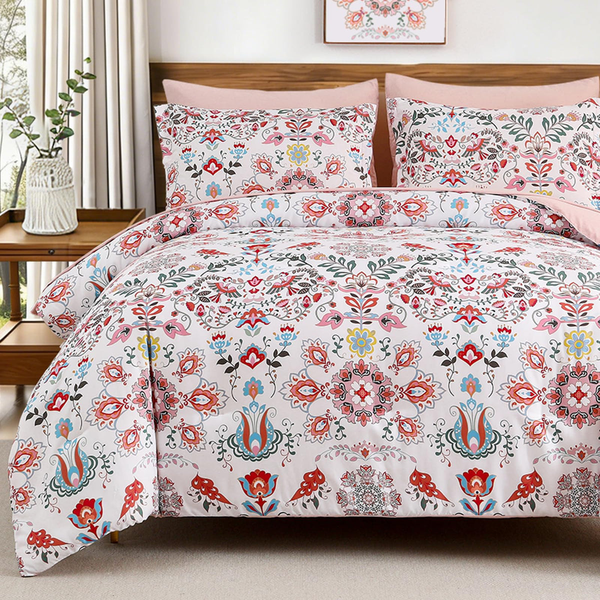 Boho Comforter Set Queen - 7 Pieces Bed in a Bag Floral Design, Bohemian Comforter Set with Sheets, Soft Microfiber Complete Bedding Sets All Season (Light Green, Queen)