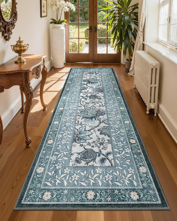 GarveeHome Blue Green Pink Washable 6x9 Area Rugs, Botanical Grove Vintage Cottagecore Non-Slip Rug for Living Room Bedroom Nursery Kitchen Low-Pile Retro Large Carpet