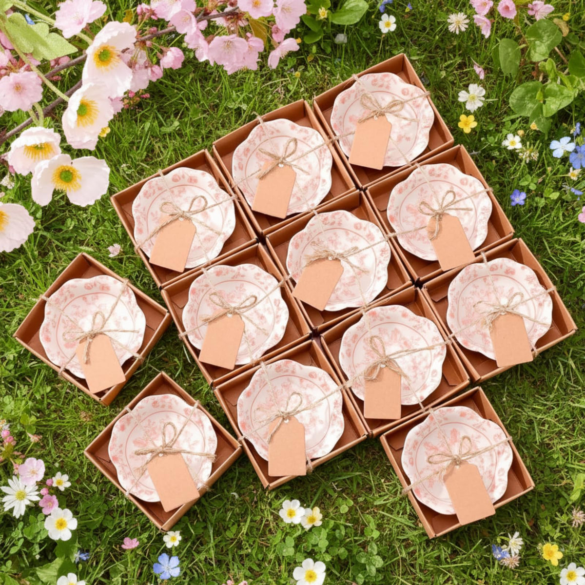 SiliFine 48 Pcs Wedding Favors for Guests Small Ceramic Bowl Bulk Gifts Set 3.3 Inch Floral Design Mini Dipping Bowl Sauce Dish with Cards Box for Bridal Baby Shower Birthday Guest Gift (Pink)