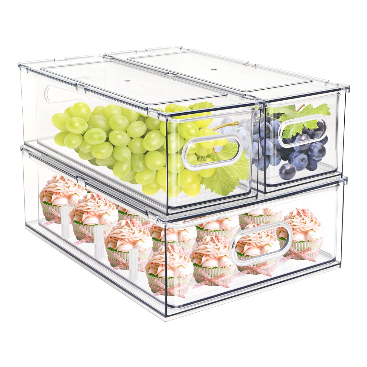 Set of 3 Stackable Refrigerator Organizer Bins Pull-Out Drawers for Fruit and Veggies Divided Storage Organizer for Fridge Clear Drawer Containers with Handle for Produce Saver, Eggs, Snack