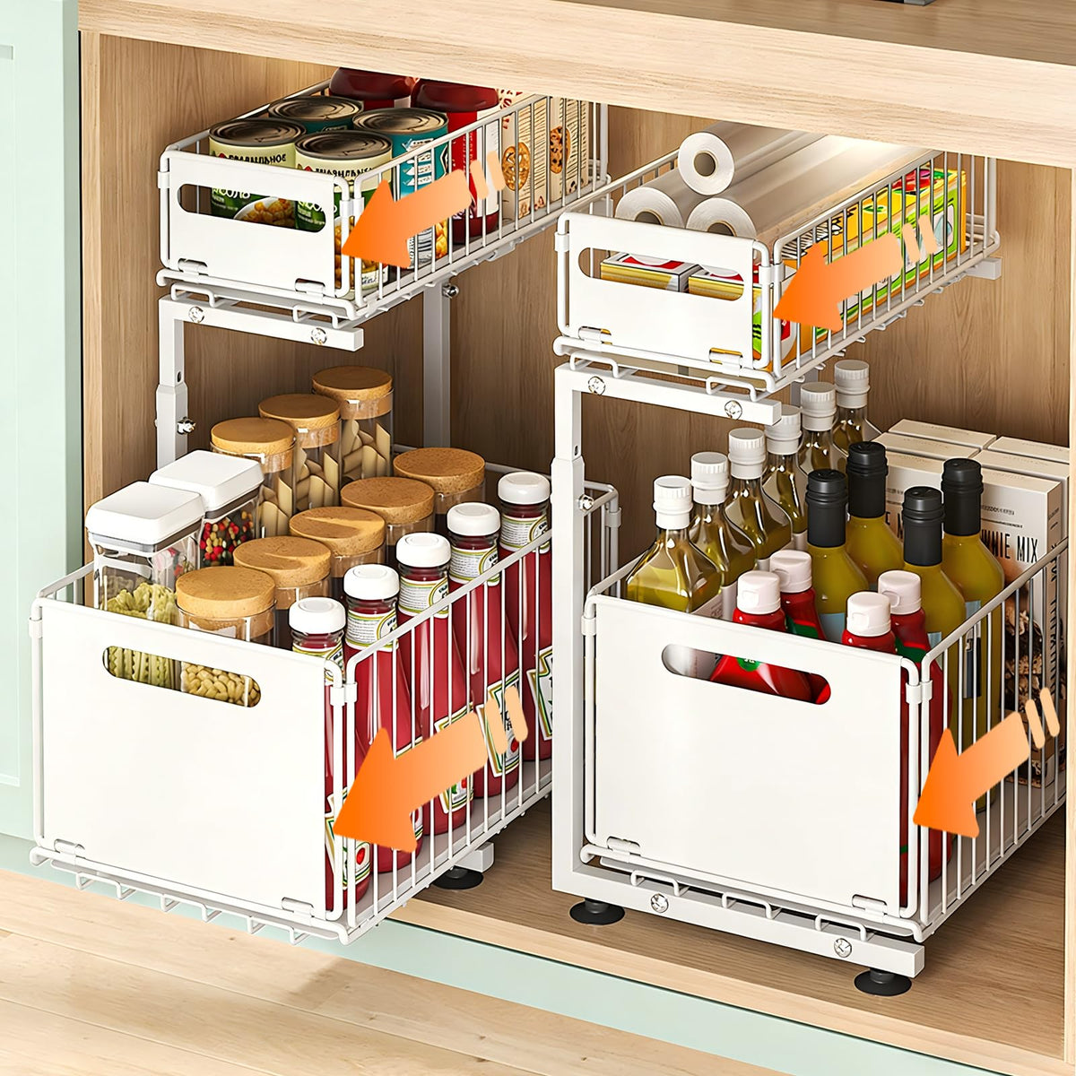Under Sink Organizer, 2-Tier Multi-Use Kitchen and Bathroom Organizers and Storage, Slide Out Thickened Metal Under The Sink Organizer for Kitchen Bathroom Pantry (Sytle A Black, 2 Pack)