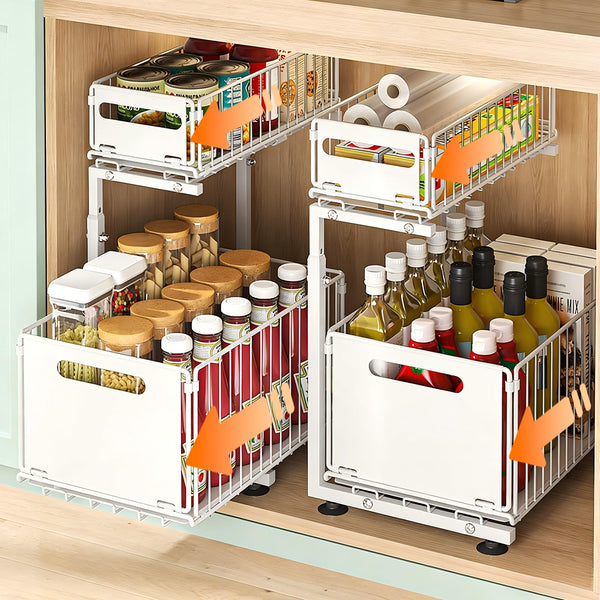 Under Sink Organizer, 2-Tier Multi-Use Kitchen and Bathroom Organizers and Storage, Slide Out Thickened Metal Under The Sink Organizer for Kitchen Bathroom Pantry (Sytle A Black, 2 Pack)
