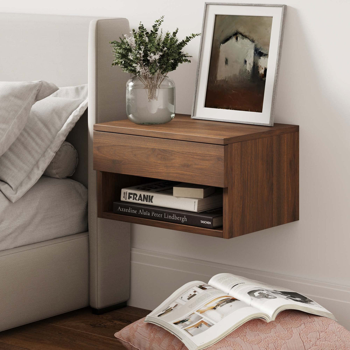 Nathan James Jackson Wall Mounted Rattan Floating Bedroom Nightstand with Storage Drawer and Modern Open Shelf Cubby, Light Oak/Rattan