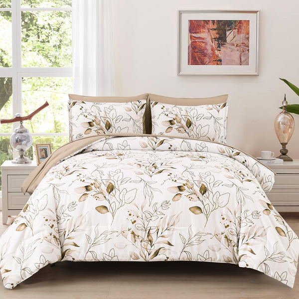Grey 7 Pieces Grey Floral Comforter Set King, Botanical Bed in a Bag Reversible Golden Leaves Bedding Set Soft Microfiber King (1 Comforter,2 Pillowcase,2 Pillow Shames,1 Flat Sheet,1 Fitted Sheet)