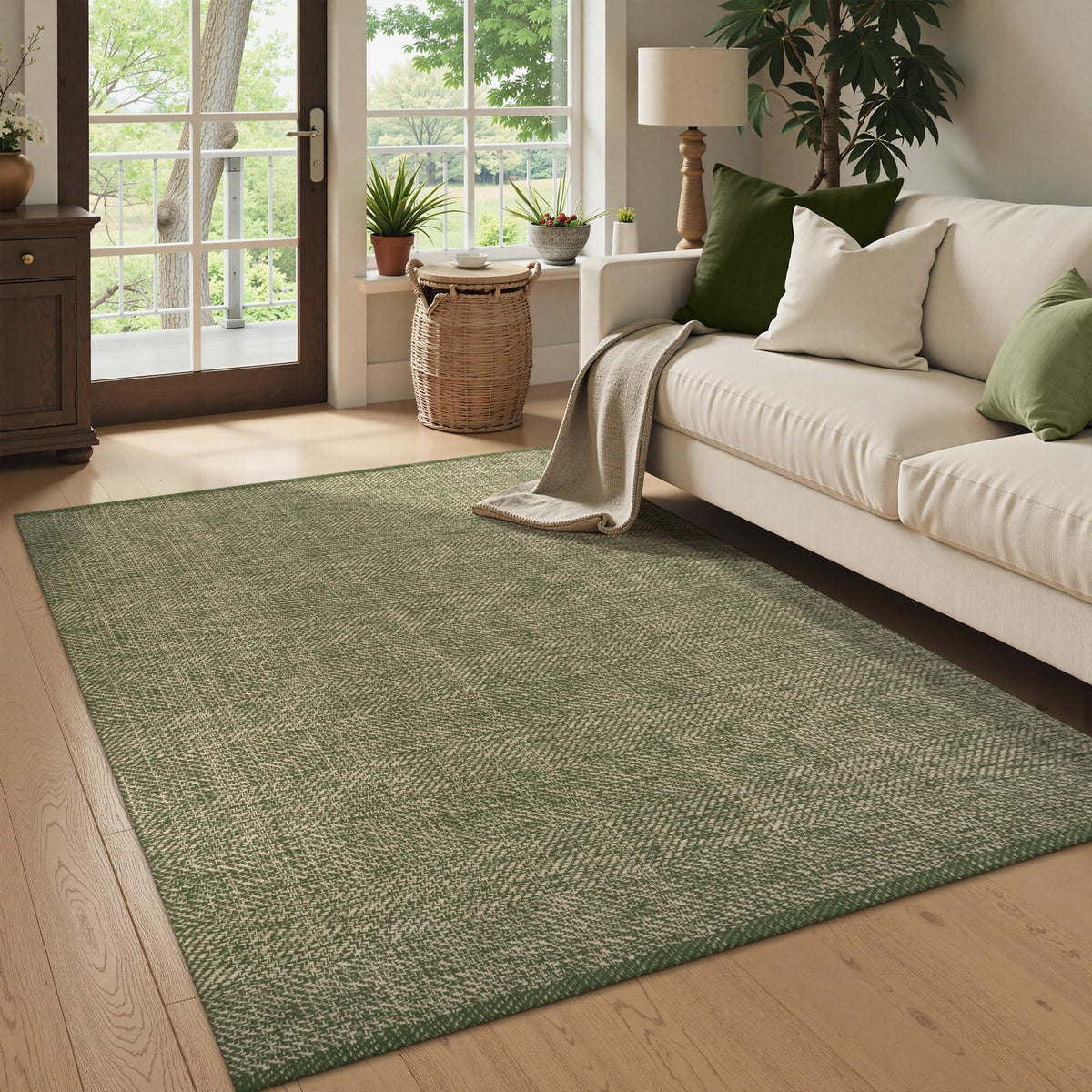 LEEVAN Boho Living Room Rugs 5X8 ft, Washable Woven Cotton Modern Bedroom Area Rug, Green/Natural Braided Floor Carpet for Dining Room Nursery Room, Outdoor Rug for Patio Balcony Decor