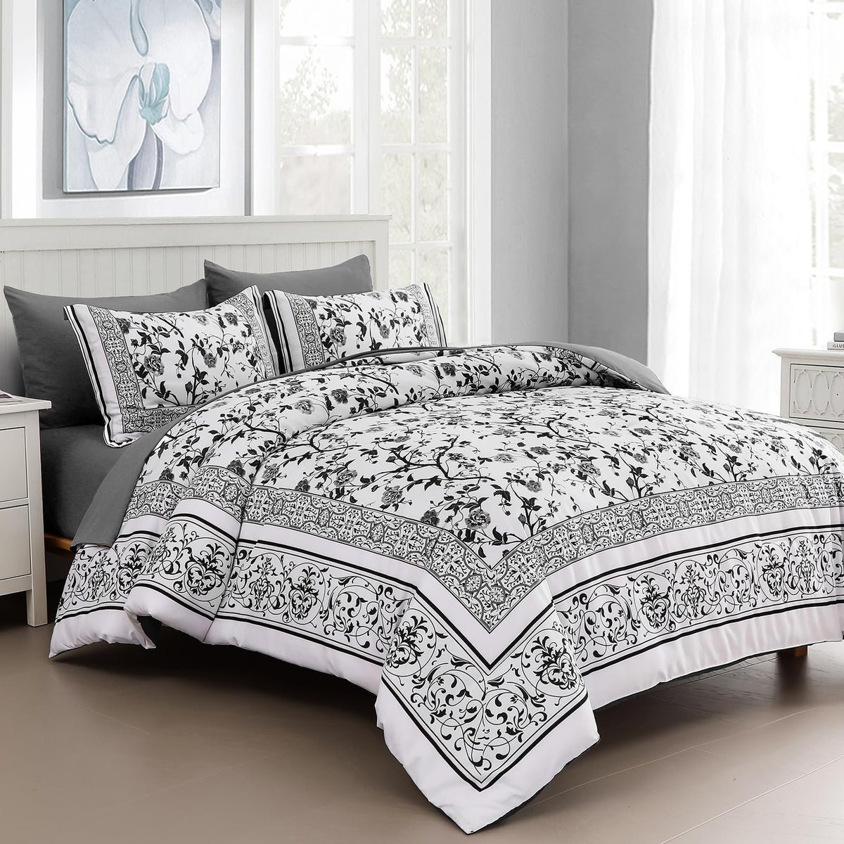 Dobuyly Floral Comforter Full Size, 7 Piece Bed in a Bag Full Blue Flowers on White Botanical Bedding Set, Soft Microfiber Bedding Comforter Sets for All Season, ND06AB090465F7U-G