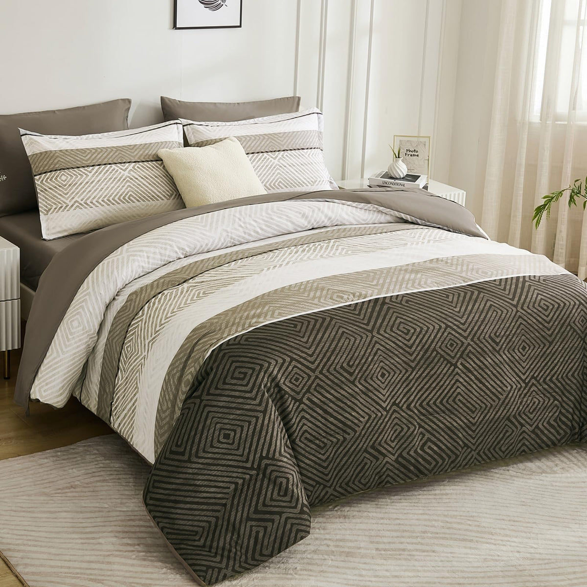 Drucon Comforter Set Queen Size 7 Piece Bed in a Bag Brown Striped Bedding Set Soft Microfiber Comforter and Sheet Set for All Season (Queen, 90"x90")