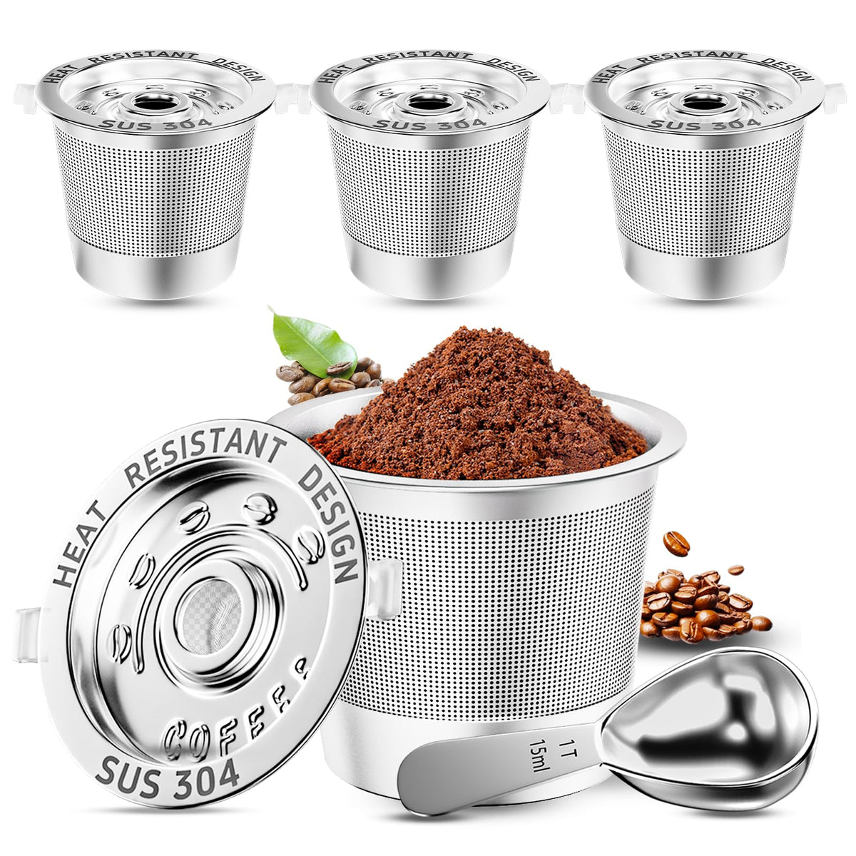 NESSUS Reusable K Cup for 1.0, Stainless Steel Refillable K Cups, Metal K Cups Coffee Pods with Heat Resistant Handles and Coffee Scoop, K Cup Filters, NO BPA, 4 Pack