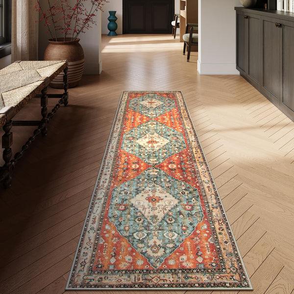 Lahome Oriental Floral Medallion Area Rug - 5x7 Large Blue Distressed Living Bedroom Rug, Non-Slip Machine Washable Low-Pile Dining Room Mat Indoor Accent Carpet for Entryway Office Home