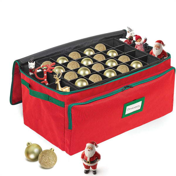 Premium Christmas Ornament Storage Box - Hold Up to 72-3 Inch Ornaments, Holiday Decoration Organizer - Quality 600D Canvas for Durability with Side Slots for Long Ornaments, Décor & Candles - Gray