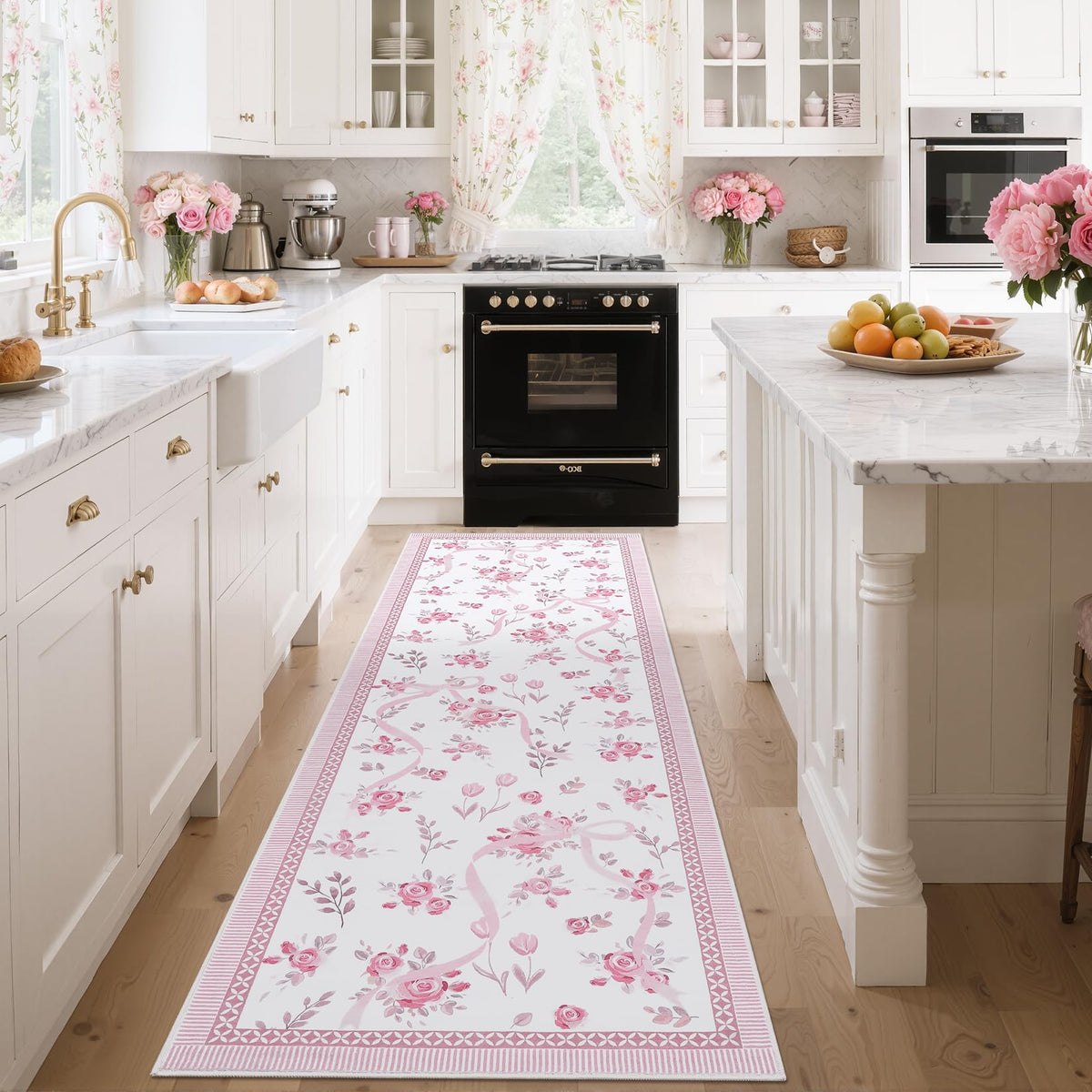 GarveeHome Coquette Pink and White Bow Rugs for Bedroom Girls, Washable Rug 5x7 for Living Room with Soft Low Pile, Floral 5x7 Pink Area Rugs for Dining Room Nursery Playroom Dorm Office Bow Decor