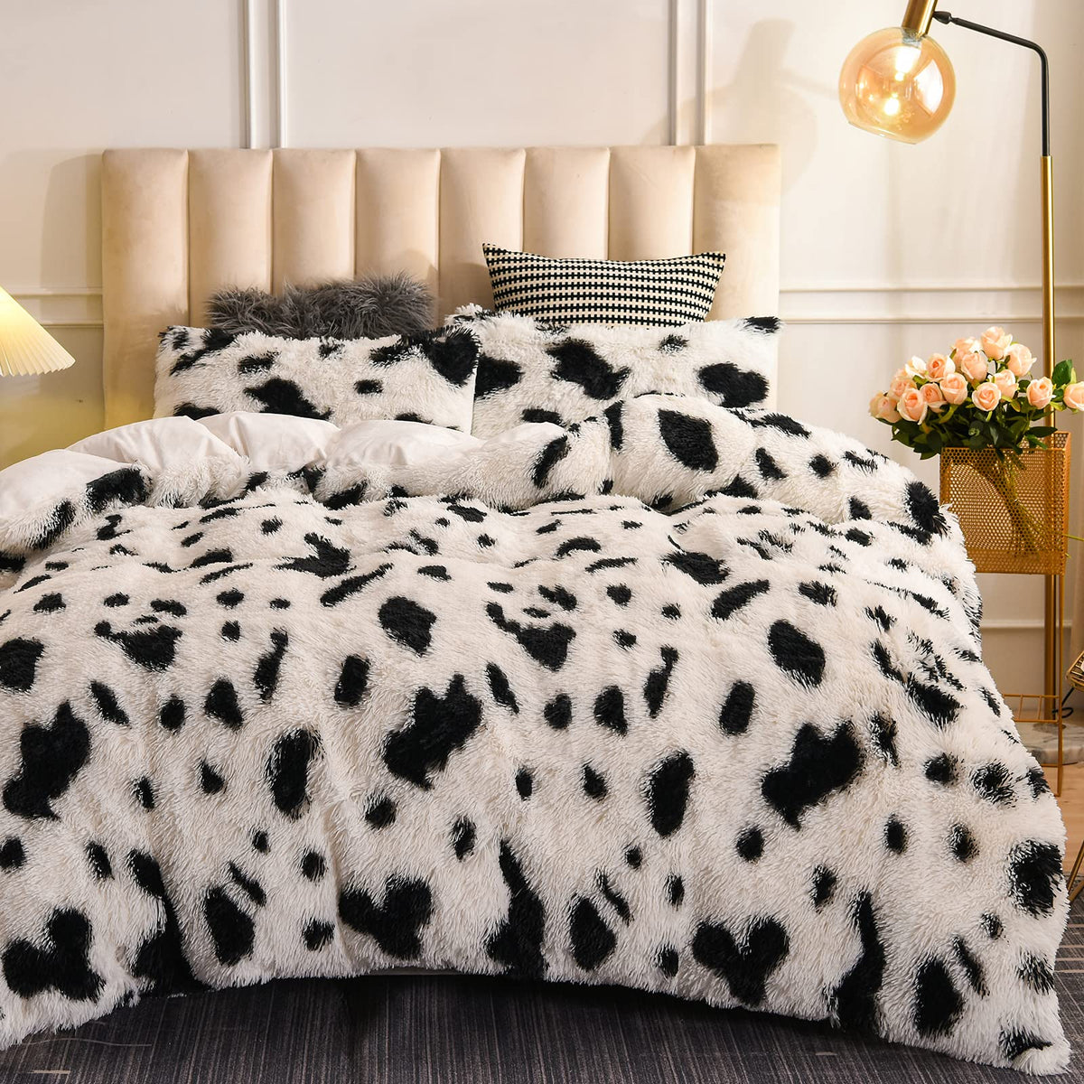 Aimuan Plush Shaggy Duvet Cover Set Luxury Ultra Soft Crystal Velvet Bedding Fluffy Comforter Cover Faux Fur Fuzzy Cow Print Quilt Cover Set (White, King)