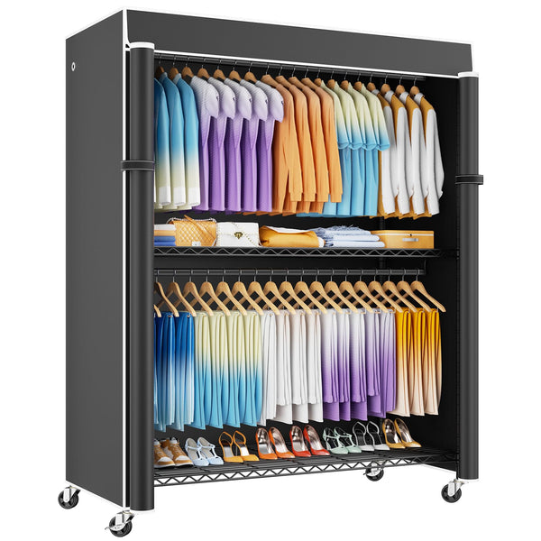 ULIFHOME P8C Heavy Duty Clothes Rack（With Extended Width Design） Rolling Clothing Racks for Hanging Clothes with Lockable Wheels，51.2"W x 15.8"D x 80.5"H，Max Load 700LBS，White Rack with Black Cover