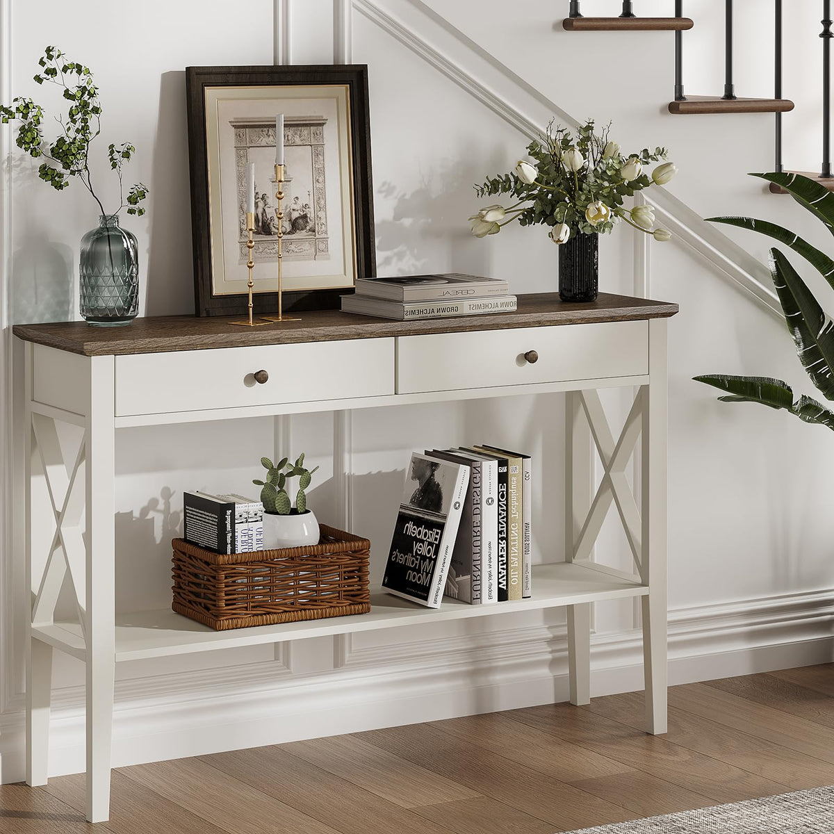 ChooChoo 47" Console Table with Drawers, Narrow Wood Accent Sofa Table Entryway Table with Storage Shelf for Entryway, Front Hall, Hallway, Living Room, Black