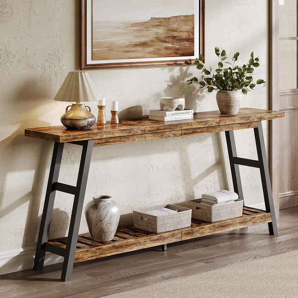 ChooChoo 70.9 Inch Long Console Tables for Entryway, Wood 2-Tier Entry Hallway Table, Narrow Sofa Table Behind Couch Table for Living Room, Entrance, Rustic Brown