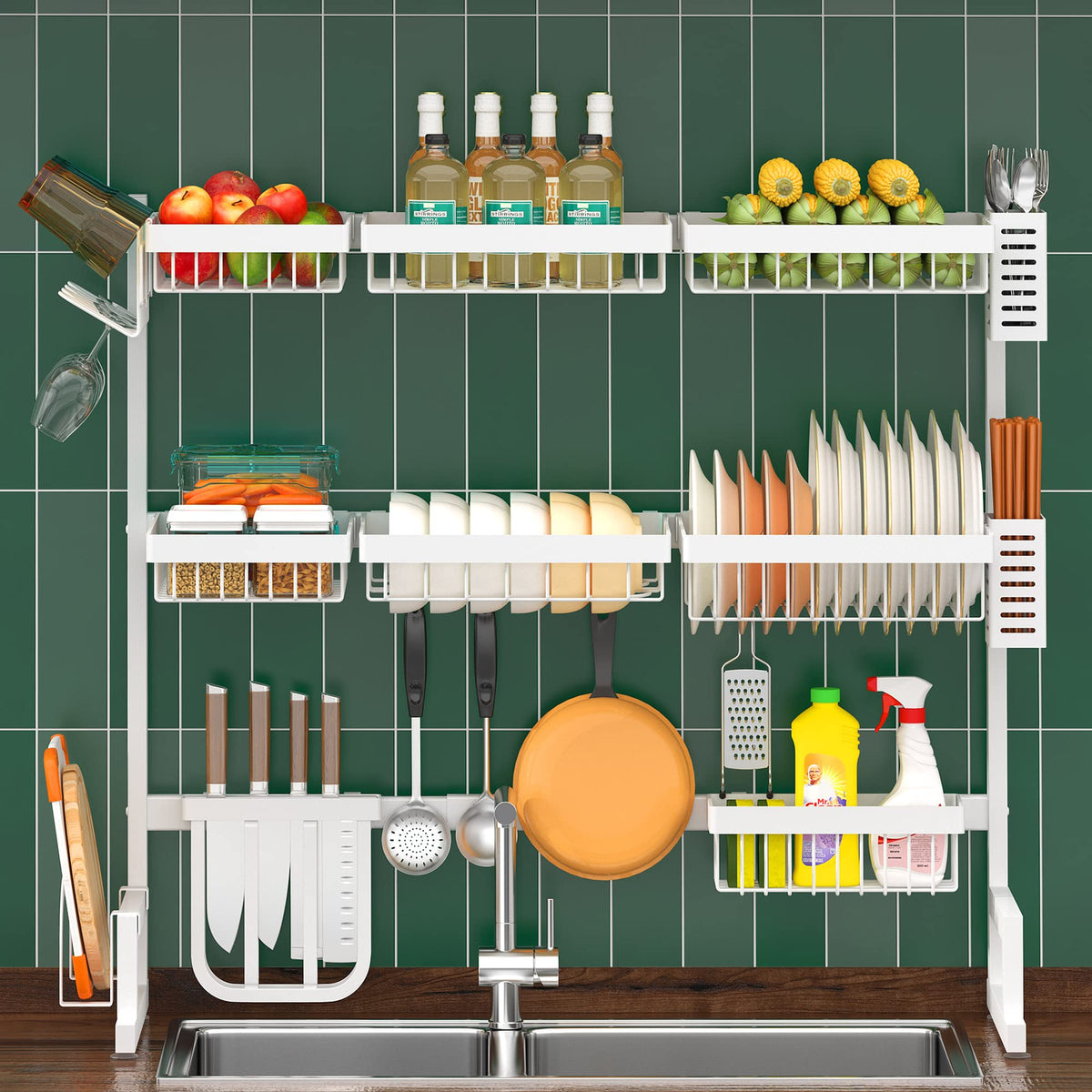 PUSDON Dish Drying Rack Over Sink (26"-38"), Adjustable Large Dish Drainer for Kitchen Storage Counter Organization, 2 Tier Stainless Steel Over Sink Dish Rack Display (Sink Size≤37inch, Silver)