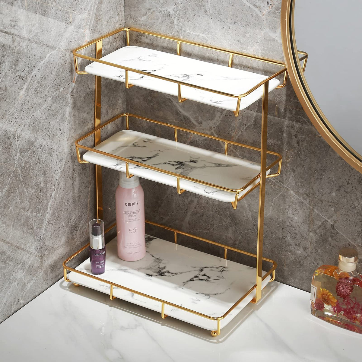 Dobbyby Bathroom Organizer Countertop Perfume Organizer Makeup Organizer Cosmetics Storage Display Rack 3 Tier Vanity Tray Dresser Stainless Steel Gold Shelf White Marble Print Ceramic Tray, XX-Large