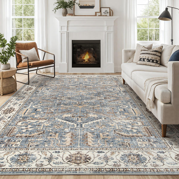 Area Rugs 7X9 for Living Room - Washable Soft Large Vintage Rug Non-Slip Stain Resistant Traditional Stain Resistant Indoor Floor Low Pile Carpet for Bedroom Dining Room or Home Office - Brown/Black