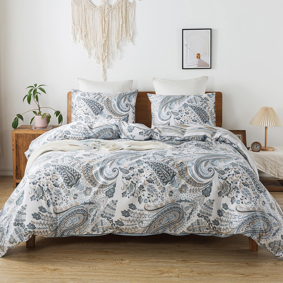 HoneiLife Duvet Cover Sets Twin - 100% Cotton Floral Comforter Cover, 2-PCS Breathable Bedding Set with Zipper Closure & Corner Ties, Wildflower Duvet Cover for All Season Use,Blueblack, King