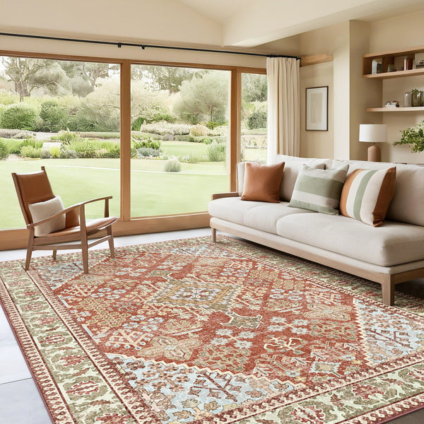 9x12 Area Rugs for Living Room, Machine Washable Low Pile Rug, Non Slip Backing Boho Rugs for Bedroom, Printed Soft Vintage Carpet Peach Pink 9 x 12