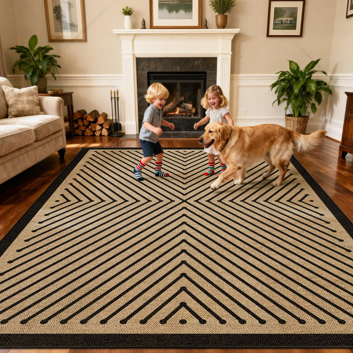 Washable Modern Geometric Easy Jute Rug, 5x7 Neutral Black Boho Outdoor Indoor Patio Farmhouse Large Area Rugs, Woven Lightweight Non Slip Carpet Mat for Living Dining Room Bedroom Classroom Backyard