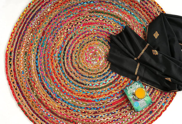 GRUHUM Handwoven 7'feet Jute Cotton Round Area Rug, Natural Multi Chindi Boho Colorful Rustic Vintage Soft Braided Reversible Bohemian Rug- Indoor EcoFriendly Kitchen Bedroom Living Room 7'ft Circle