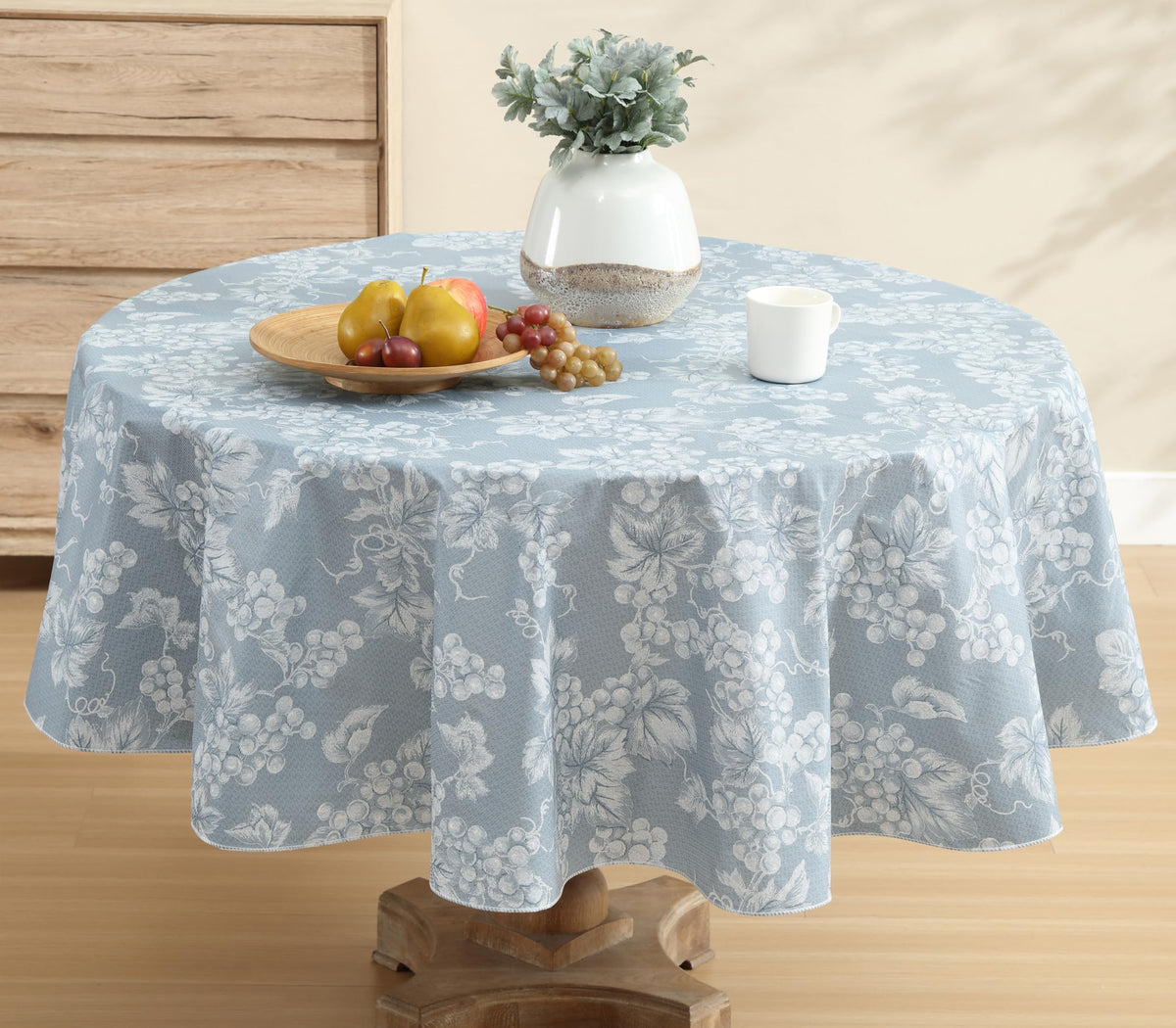 Grapevines Contemporary Grape Print Heavy 4 Gauge Vinyl Flannel Backed Tablecloth, Indoor/Outdoor Wipe Clean Tablecloth, 60 Inch x 104 Inch Oblong/Rectangle, Blue