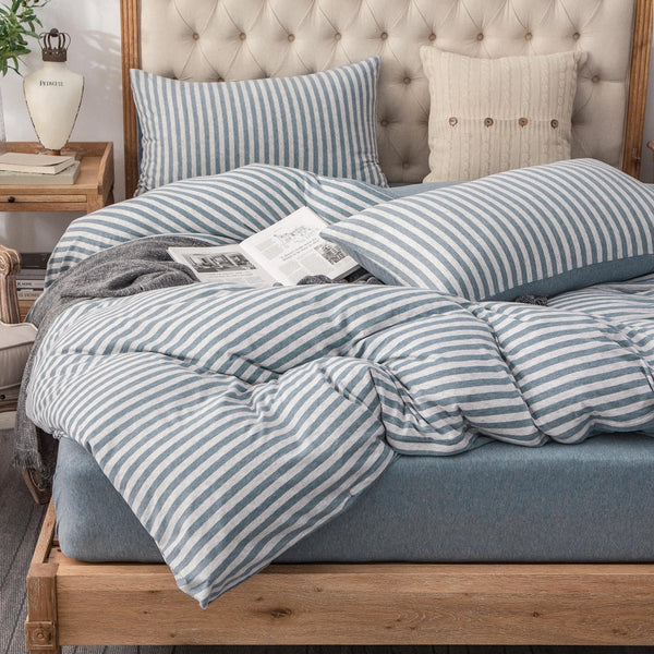PURE ERA Jersey Knit 2pc Duvet Cover Set 100% T-Shirt Heather Cotton Super Soft Comfy Classic Striped Design, with Zipper Closure, Heather Beige Stripe, Twin