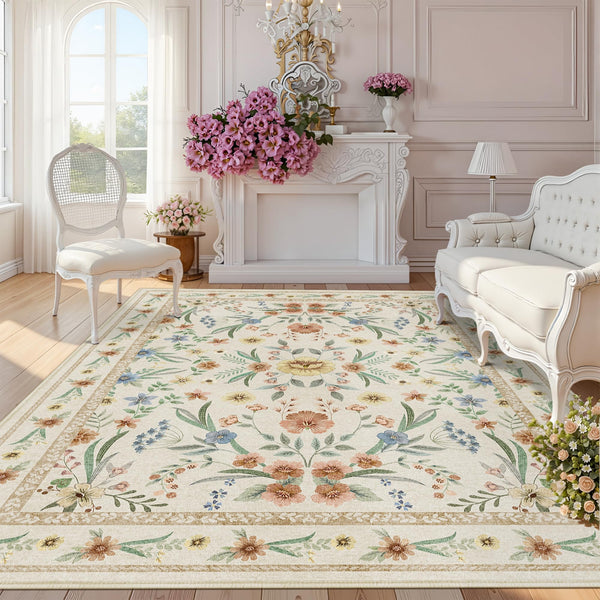 Scalloped Blue Floral Rug 6x9, Washable Soft Faux Wool Area Rug for Living Room, Cute Boho Non-Slip Carpet for Kids Room, Nursery, Bedroom or Office