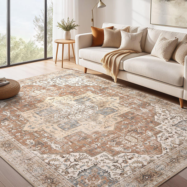 Washable Rug 7x9 Area Rugs: Boho Vintage Distressed Oriental Medallion Neutral Thin Large Rug Carpet for Living Room Bedroom Dining Room Home Office Decor - Dark Brown