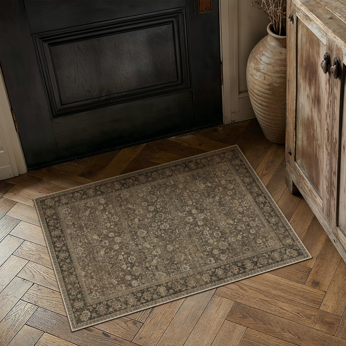 HUGEAR 5x8 Machine Washable Rugs Brown Hallway Area Rug Indoor Accent Rug Floral Low Pile Carpet Soft Throw Aesthetic Rug Bedroom Living Room Office Dining Room Kitchen Laundry Room Non Slip