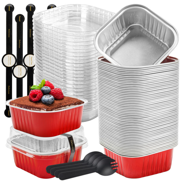 50 Pack Mini Cake Pans with Lids and Spoons Small Aluminum Foil Pans Square Baking Cups Disposable Ramekins Cupcake Liners for Brownie Pie (Red, 10 oz)