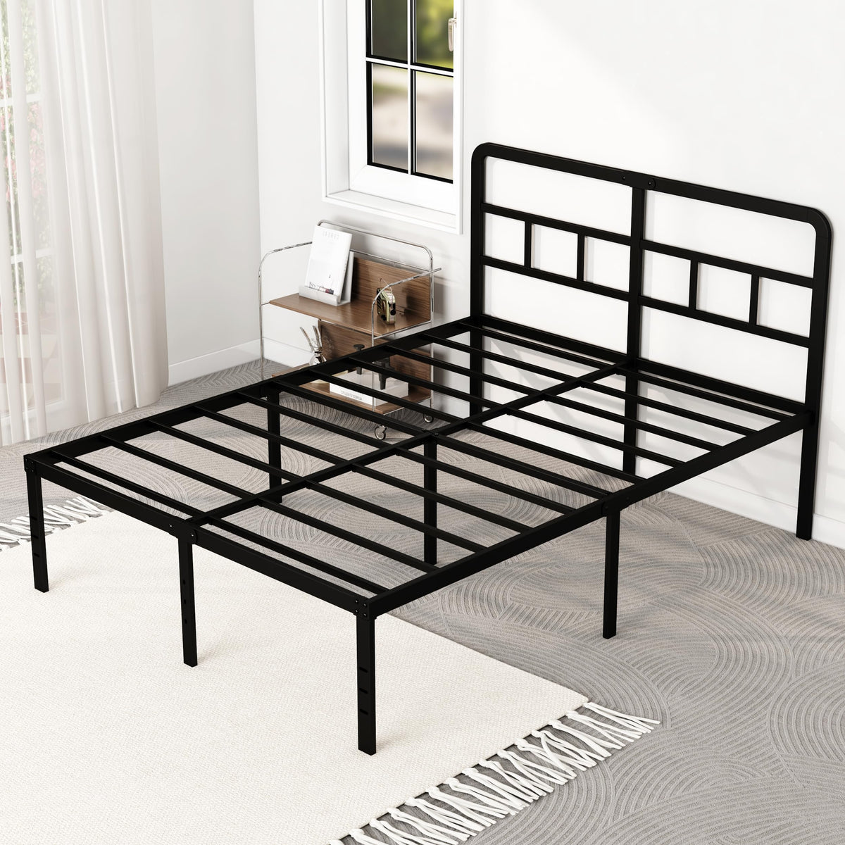 DiaOutro 16 Inch Queen Bed Frame with Headboard No Box Spring Needed, Heavy Duty Metal Queen Size Platform with Steel Slat, Mattress Foundation, Easy Assembly, No Noise, Black