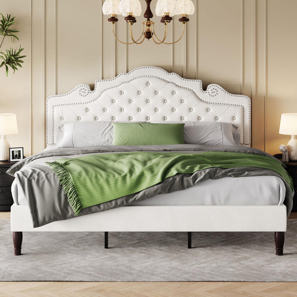 SHA CERLIN Full Size Bed Frame with Adjustable Headboard/Velvet Upholstered/Diamond Button Tufted and Metal Studs/No Box Spring Needed/Wooden Slat Support/Easy Assembly/Light Grey