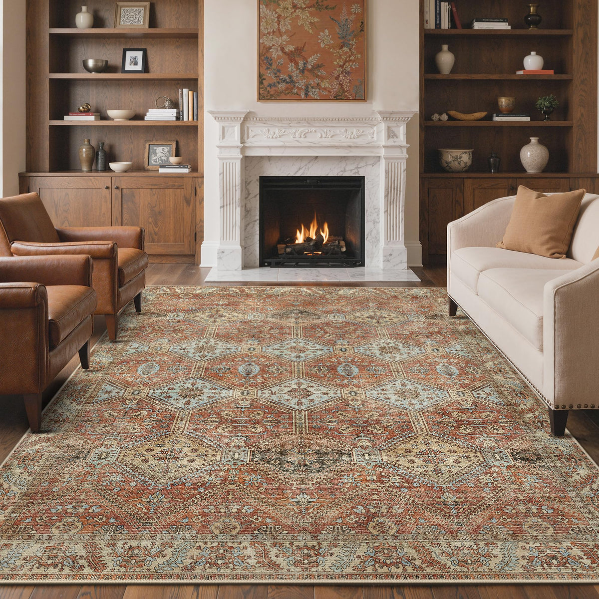 GENIMO 8x10 Area Rugs for Living Room, Machine Washable Non Slip Vintage Rugs, Low Pile Lightweight Print Rug for Bedroom, Dining Room, Home Office, Warm Brown