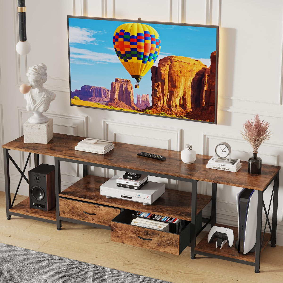 GYIIYUO TV Stand with Fabric Drawers for 55 60 65 Inches TV - Entertainment Center and Industrial TV Console Table with Open Storage Shelves for Living Room, Bedroom - 55.1" White