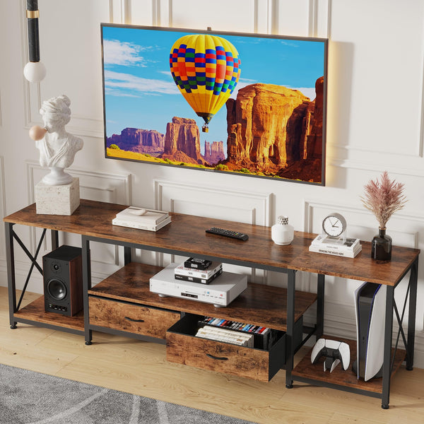 GYIIYUO TV Stand with Fabric Drawers for 55 60 65 Inches TV - Entertainment Center and Industrial TV Console Table with Open Storage Shelves for Living Room, Bedroom - 55.1" White