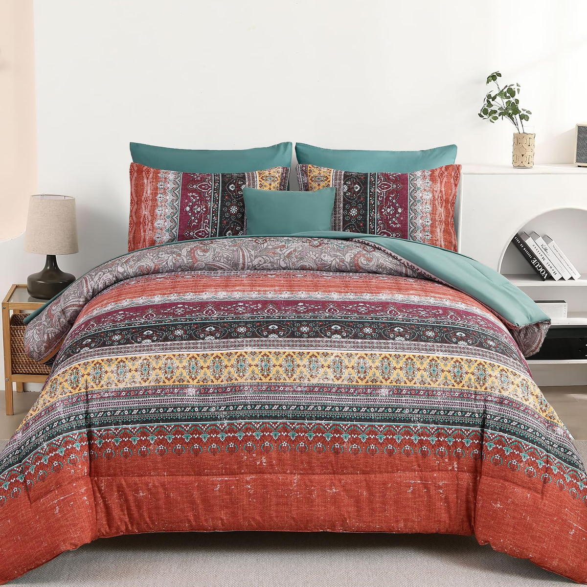 Cottolester Boho Comforter Set King Size 8 Pieces, Teal Blue Comforter Bohemian Striped Bed in A Bag, Soft Microfiber Bedding Set for All Seasons