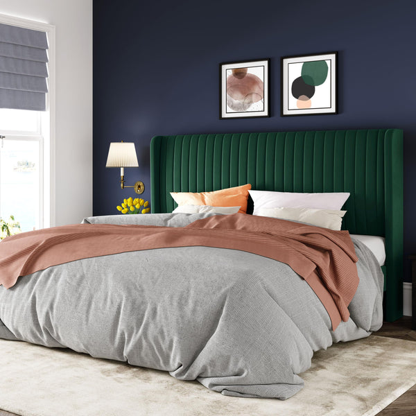 Allewie Queen Size Velvet Bed Frame/Vertical Channel Tufted Wingback Headboard/Upholstered Platform Bed/Strong Wooden Slats/No Box Spring Needed/Easy Assembly/Dark Blue