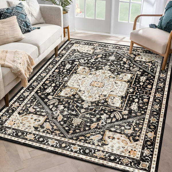 MUJOO 8x10 Area Rugs,Black Washable Rugs for Living Room Bedroom,Large Boho Non Slip Carpet Indoor,Vintage Soft Black and Gold Floral Rug