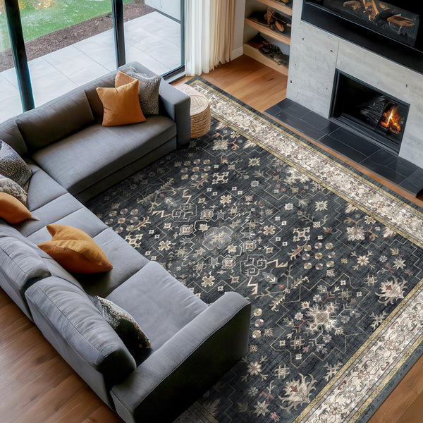 Boho Teal 7x9 Soft Rugs for Living Room, Washable Turquoise Rug for Bedroom Under Bed, Vintage Non Slip Floral Dining Room Carpet, Low Pile Soft Fade Resistant