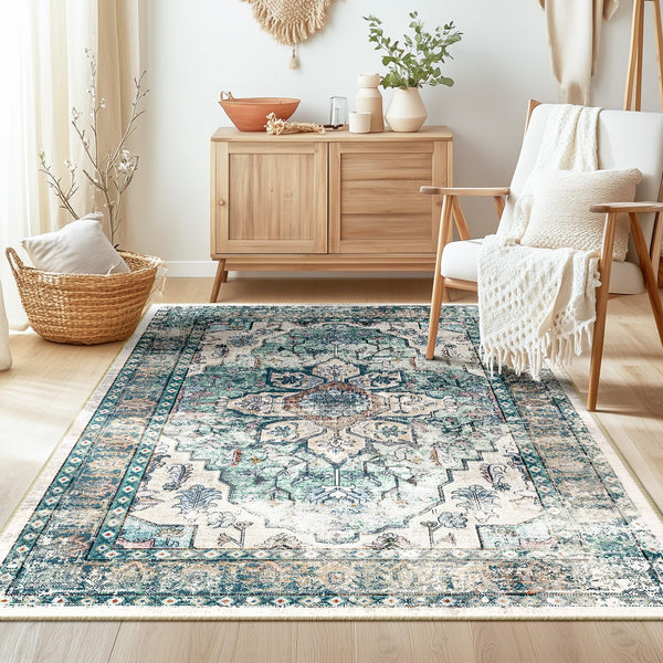 BESTSWEETIE Area Rugs 8x10 for Living Room Boho Washable Rug Low Pile Non Slip Vintage Distressed Print Floral Indoor Carpet for Bedroom Dining Room Kitchen Hallway, Grey Brown