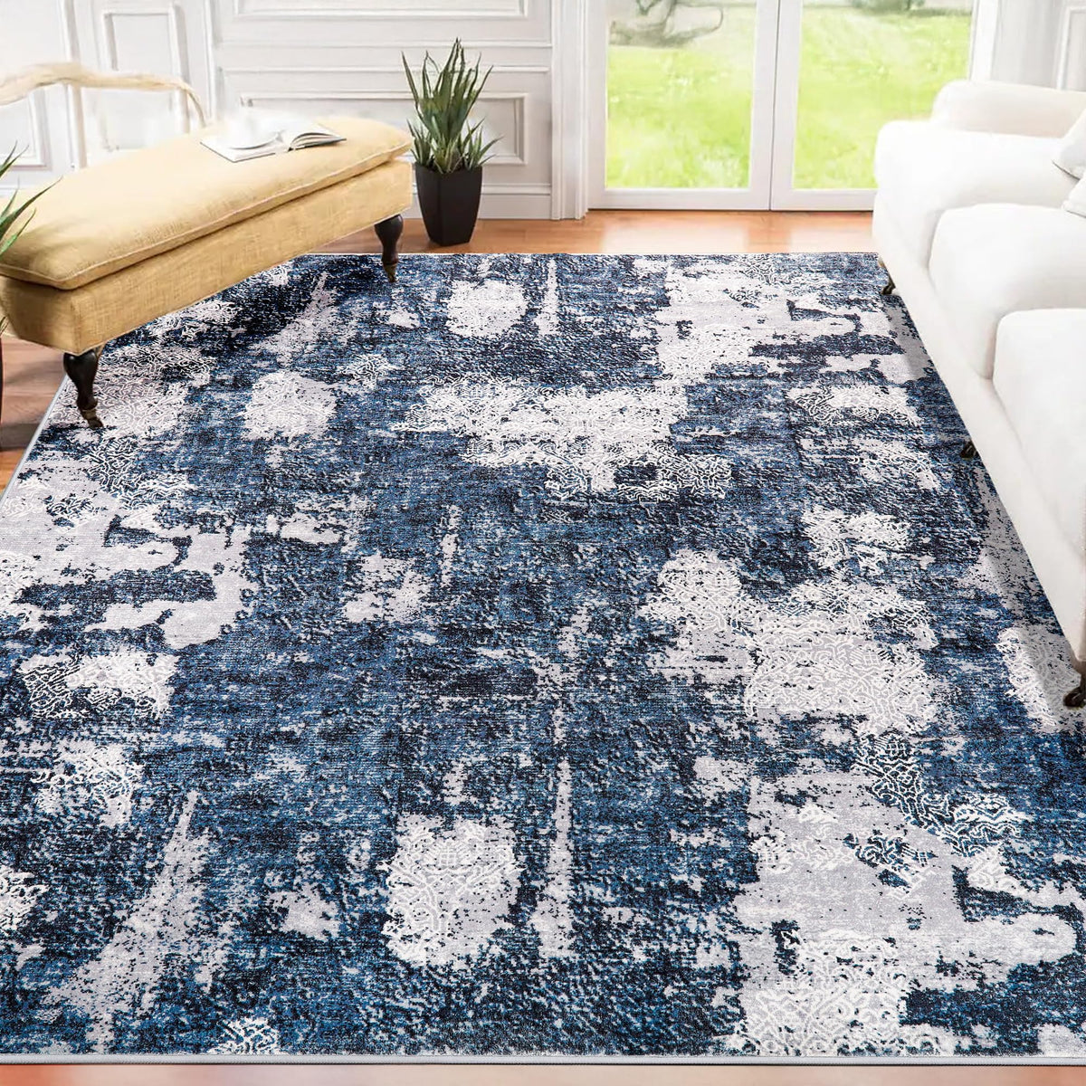 Modern Abstract Area Rug, 6x9 Washable Rugs for Living Room Bedroom Office Floor Rug Dining Room Indoor Accent, Soft Thin Throw Rug Floor Carpet for Kids Pet (Navy Blue/White)