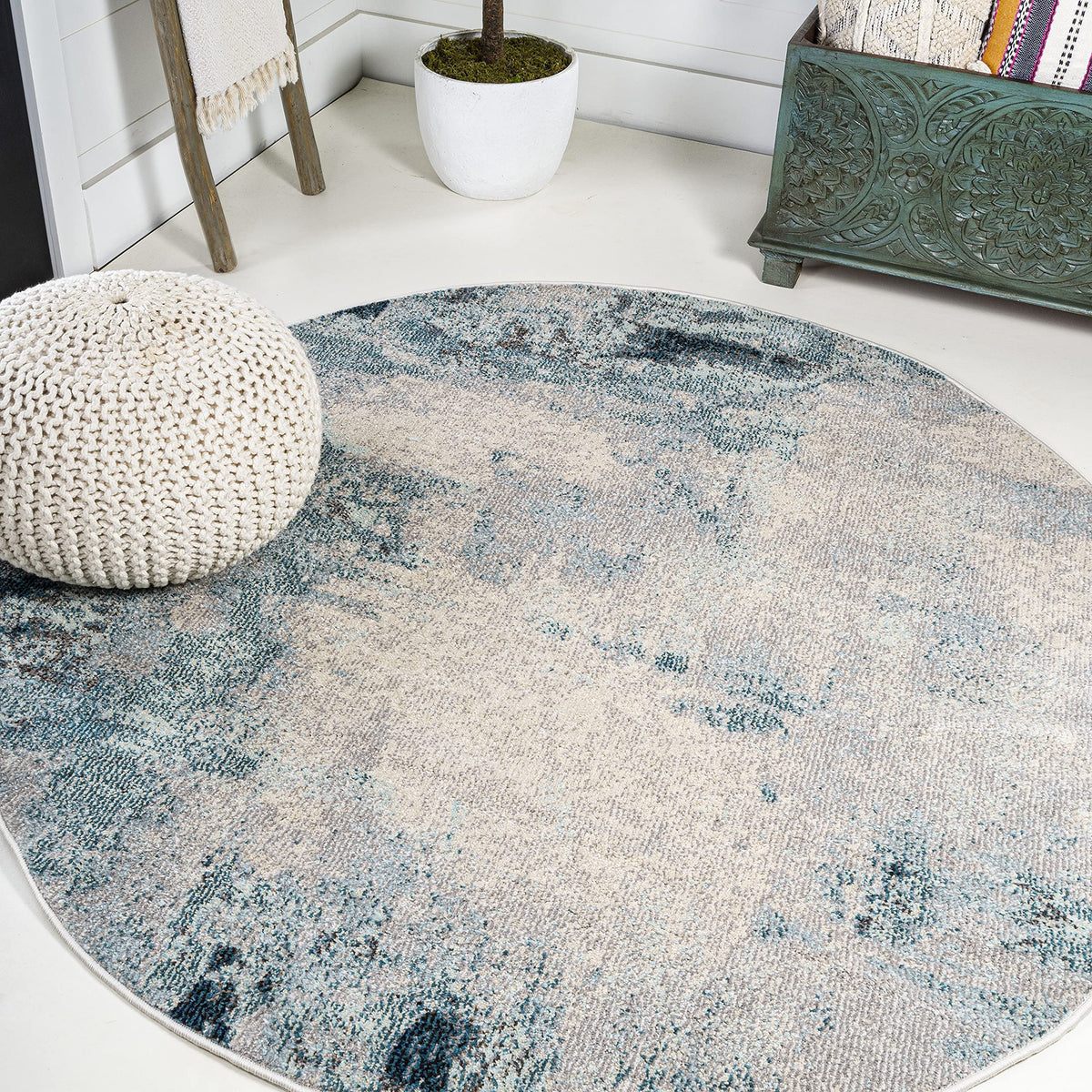JONATHAN Y Modern Abstract Vintage Cream/Blue Runner Rug, 2x20, Contemporary POP, Transitional, Easy-Cleaning for Living Room, Bedroom, Kitchen, Pet Friendly, Non-Shedding (CTP104A-220)